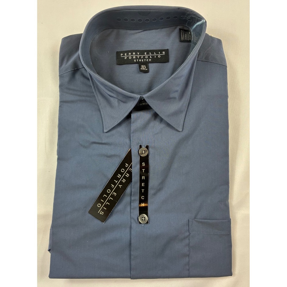 Perry Ellis Dress Shirt Mens 16.5 Blue NWT Portfolio Stretch Short Sleeve Pocket